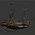 Steampunk Inspired Airship Design With White Sail Red Flag Blue Flame And Propellers