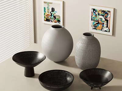 Modern Elegant Ceramic Vases And Bowls Featuring Textured Gray And Black Surfaces 3d model