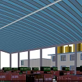 Industrial Factory Building With Blue Roof Yellow Storage Tanks Cranes And Green Grassy Area