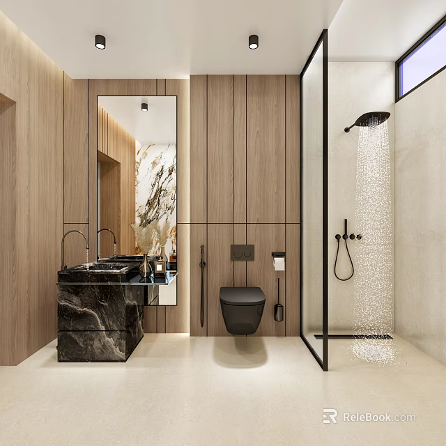 Modern Bathroom Interior Design With Wooden Walls Marble Vanity Wall-Mounted Toilet And Glass Shower 3d model 