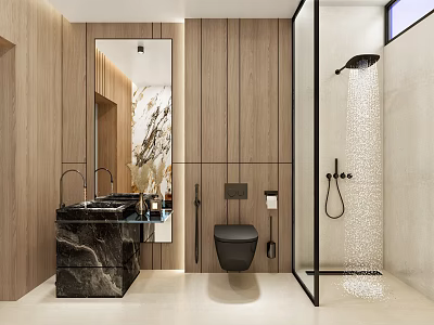 Modern Bathroom Interior Design With Wooden Walls Marble Vanity Wall-Mounted Toilet And Glass Shower 3d model