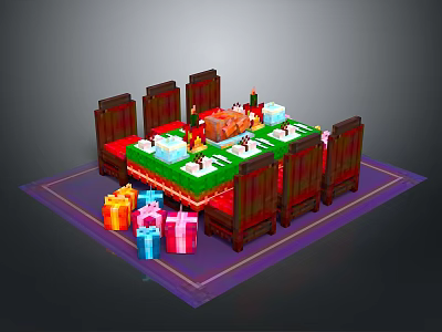 Festive Dining Table Setup With Wooden Chairs Colorful Gift Boxes And Green Tablecloth 3d model