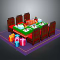 Festive Dining Table Setup With Wooden Chairs Colorful Gift Boxes And Green Tablecloth