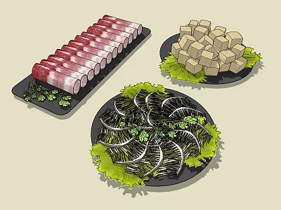 Fresh Plated Food Assortment With Sliced Meat Cubed Tofu And Spiral Vegetables 3d model