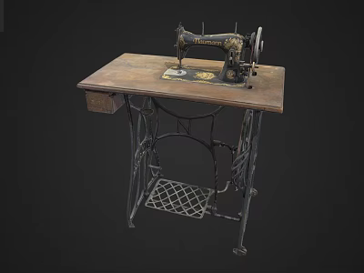 Industrial Equipment Vintage Sewing Machine with Wooden Tabletop and Metal Frame 3d model