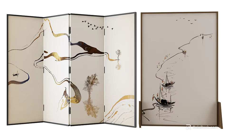 Modern Artistic Folding Screen With Landscape Patterns Boats Trees And Gold Lines 3d model