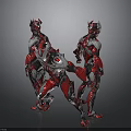 Three Red And Silver Armored Characters In Battle Stance With Grey Background