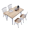 Wooden Rectangular Dining Table Set With Four Chairs And Tabletop Decor Items 3d model