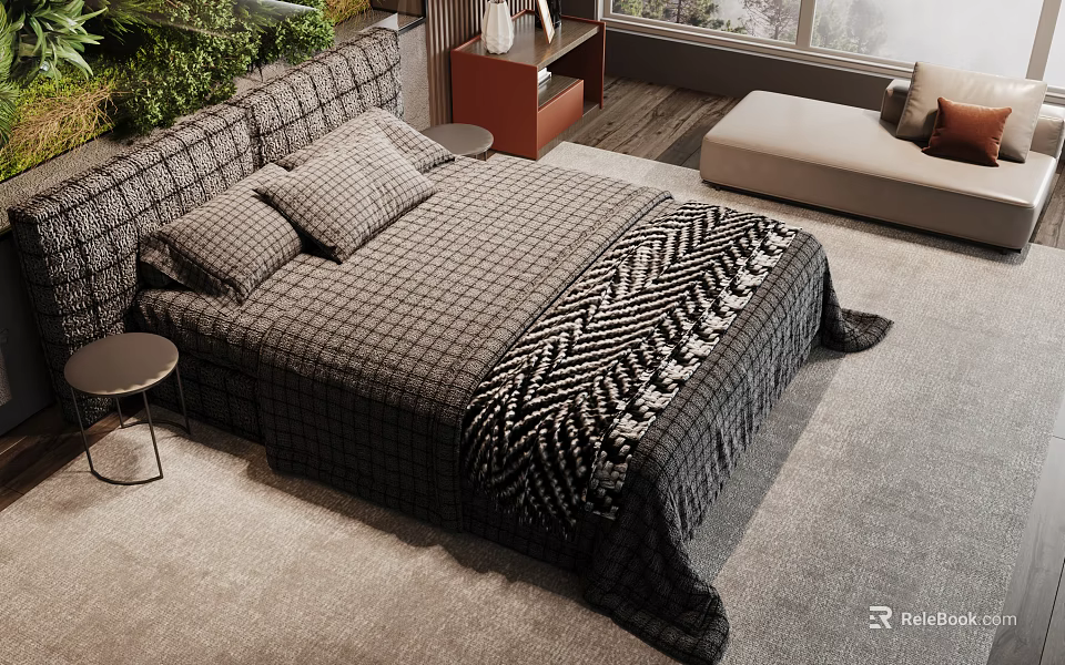 Double Bed with Plaid Quilt Black White Herringbone Blanket in Bedroom with Green Plants 3d model 