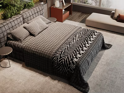 Double Bed with Plaid Quilt Black White Herringbone Blanket in Bedroom with Green Plants 3d model