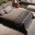 Double Bed with Plaid Quilt Black White Herringbone Blanket in Bedroom with Green Plants