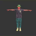 Man Wearing Hat Dark T-shirt Jeans White Sneakers With Arms Outstretched Standing Against Gray Background