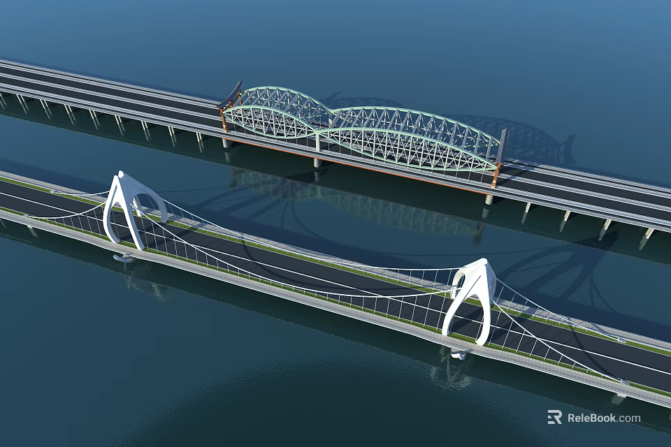 Two Arch And Cable Stayed Bridges Spanning Over Water Surface With Blue Sky Background 3d model 