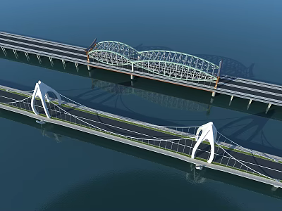 Two Arch And Cable Stayed Bridges Spanning Over Water Surface With Blue Sky Background 3d model