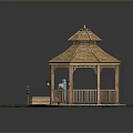 Wooden Octagonal Gazebo And Garden Bridge In Green Grass With Stone Path