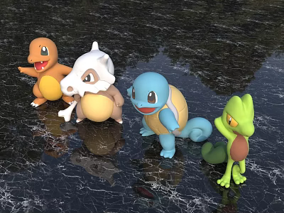 Charmander Cubone Squirtle And Treecko Standing On Cracked Black Surface With Reflections 3d model