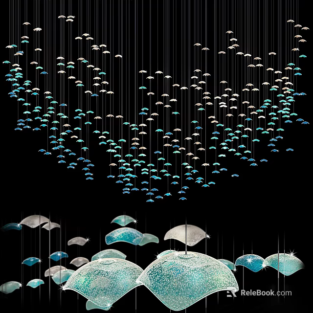 Unique Shaped Chandeliers Hanging With Blue And White Glass Elements In Modern Interior Space 3d model 