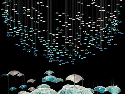 Unique Shaped Chandeliers Hanging With Blue And White Glass Elements In Modern Interior Space 3d model