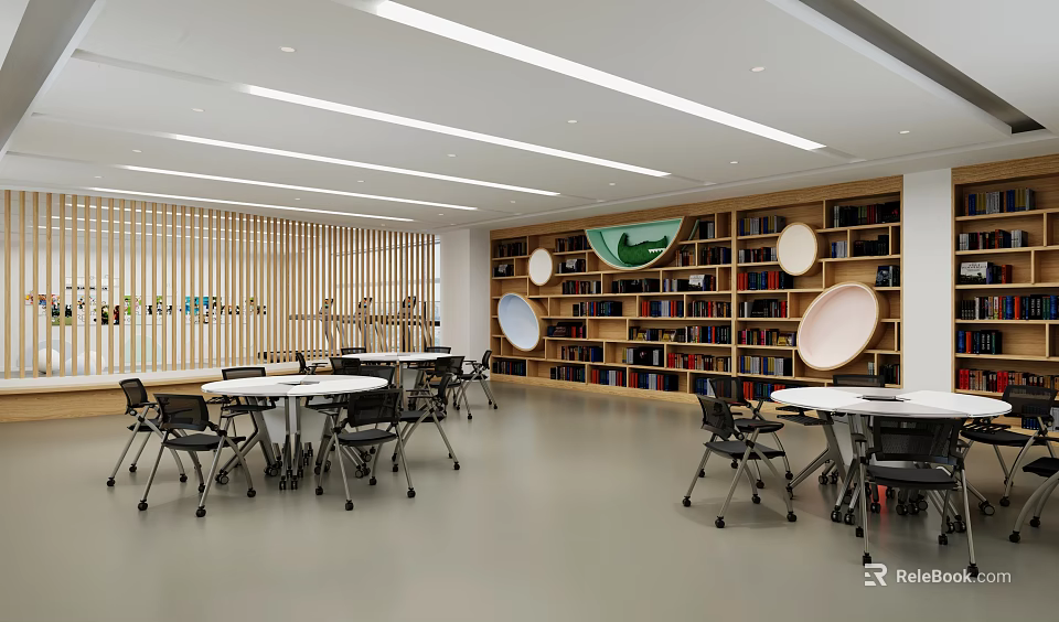 Modern Leisure Area Interior With Open Bookshelves Round Tables And Wooden Chairs 3d model 