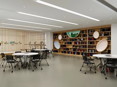 Modern Leisure Area Interior With Open Bookshelves Round Tables And Wooden Chairs 3d model