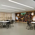 Modern Leisure Area Interior With Open Bookshelves Round Tables And Wooden Chairs
