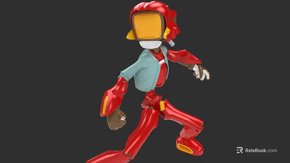 Game Movie Character Red Robot With Yellow Helmet And Light Blue Jacket In Dynamic Pose 3d model 