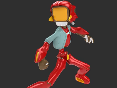 Game Movie Character Red Robot With Yellow Helmet And Light Blue Jacket In Dynamic Pose 3d model