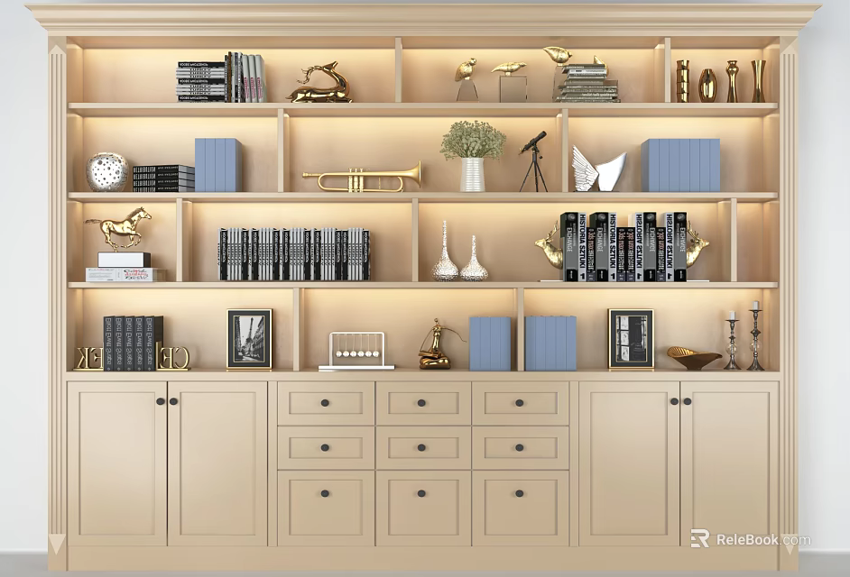 Elegant Modern Bookcase Featuring Multiple Shelves Books Decorative Items Photo Frames Drawers and Cabinets 3d model 