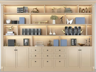 Elegant Modern Bookcase Featuring Multiple Shelves Books Decorative Items Photo Frames Drawers and Cabinets 3d model