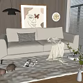 Modern retro two-person sofa leisure sofa pillow sweeping robot picture floor lamp 3d model