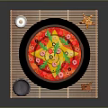 Delicious Pizza Topped With Vegetables On Bamboo Mat With Sauce Bowl And Dried Flowers