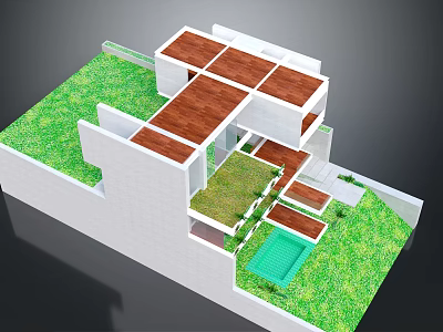 Cartoon Scene Architectural Model With Green Lawn Wooden Floors And Water Pool 3d model