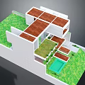 Cartoon Scene Architectural Model With Green Lawn Wooden Floors And Water Pool