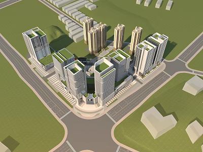 Aerial View Planning of Modern Urban High Rise Buildings with Roads and Green Spaces 3d model