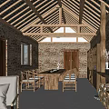 Rustic Hotel Public Lounge Featuring Wooden Roof Beams Brick Walls And Firewood Stack