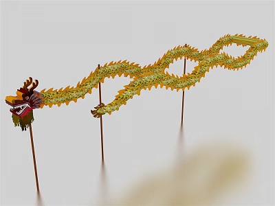 Traditional Golden Dragon Dance Prop With Long Body And Decorative Head On Poles 3d model