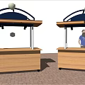 Outdoor Wooden Stalls With Blue Canopies Red Brick Floor And Person Standing At Counter