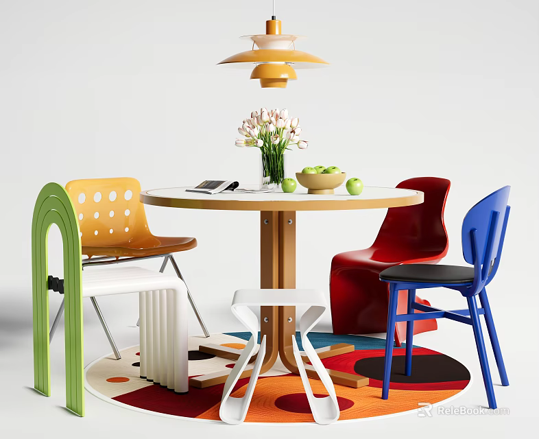 Colorful Dining Table Set with Round Table Multicolored Chairs Pendant Lamp and Fruit Decor 3d model