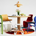 Colorful Dining Table Set with Round Table Multicolored Chairs Pendant Lamp and Fruit Decor 3d model