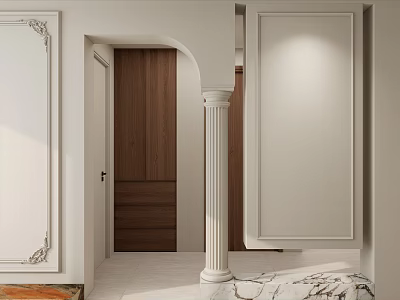 Modern Hallway Design With Decorative Walls Roman Column Wooden Door And Marble Floor 3d model