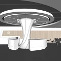 Modern Reception Desk Interior Design With Circular Shape Wooden Panel And Seating Area 3d model
