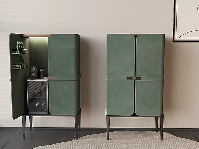Modern Green Double Wine Cabinets With Open Door Built in Lighting And Wine Bottles 3d model