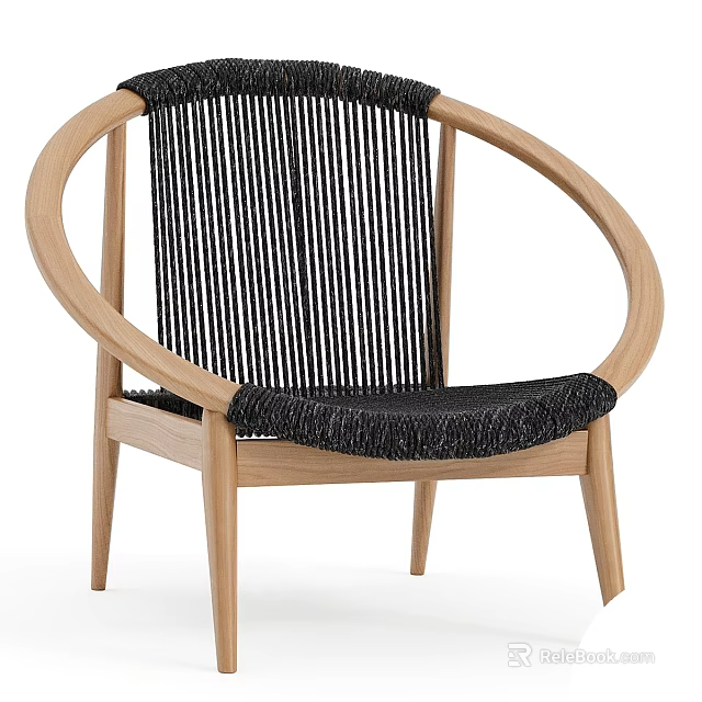 Modern Leisure Chair With Light Wood Frame Round Armrests And Black Vertical Woven Stripes 3d model 