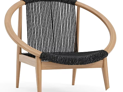 Modern Leisure Chair With Light Wood Frame Round Armrests And Black Vertical Woven Stripes 3d model