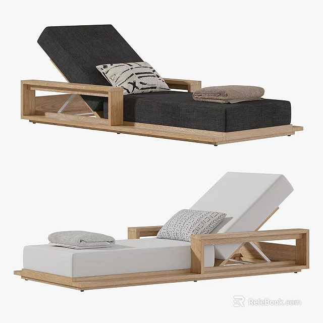 Stylish Lounge Chair With Wooden Frame Black White Cushions Pillow And Towel 3d model 