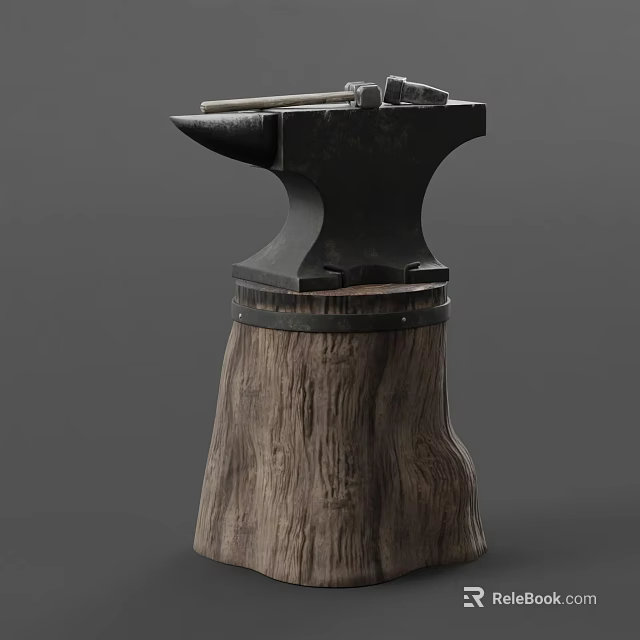 Vintage Blacksmith Anvil Placed On Rustic Wooden Log Base With Metal Tools 3d model