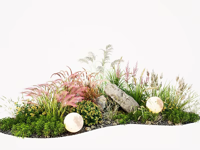 Beautiful Mixed Plant Combination with Ornamental Grasses Stones and Round Lamps 3d model