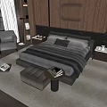 Modern Bedroom Interior With Double Bed Wooden Headboard Decorative Letter C Bedside Tables And Bench