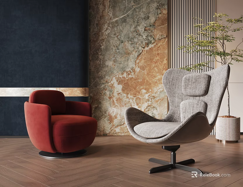 Modern Red And Grey Velvet Leisure Chairs With Marble Wall Wooden Floor And Potted Plant 3d model 