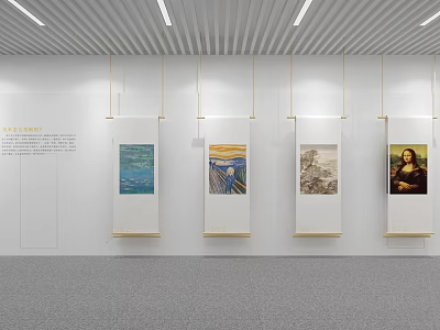 Art Gallery Interior With Four Famous Paintings Including Mona Lisa White Walls And Gray Flooring 3d model